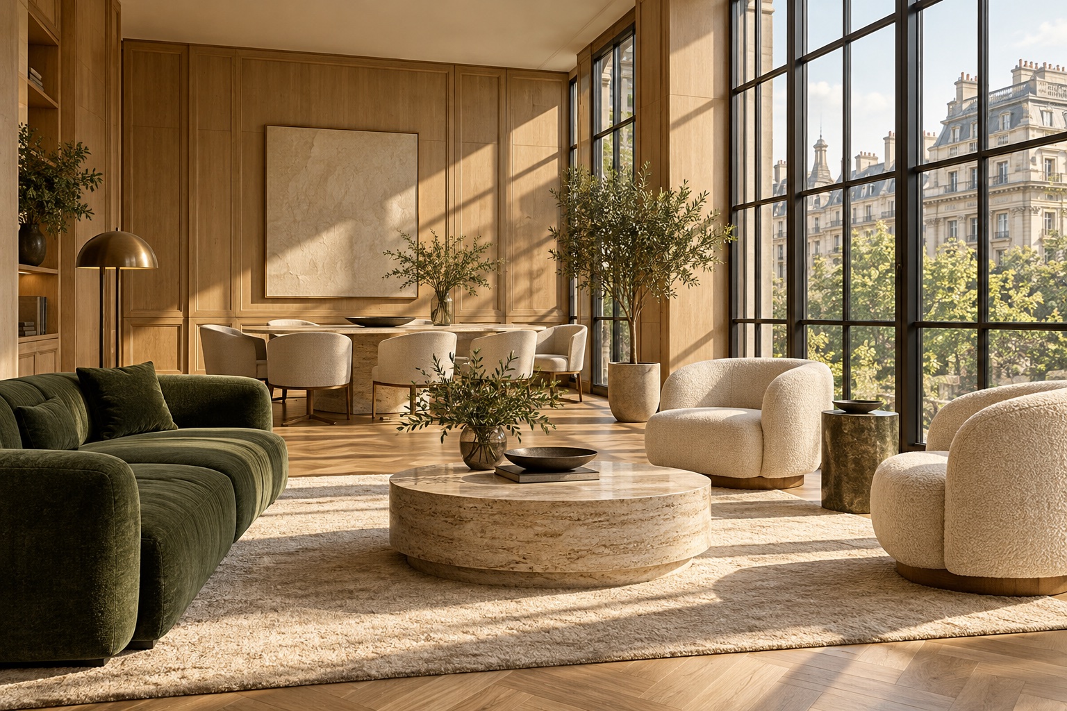 Illustrative premium office lounge with warm oak finishes, sculptural furniture and generous natural light